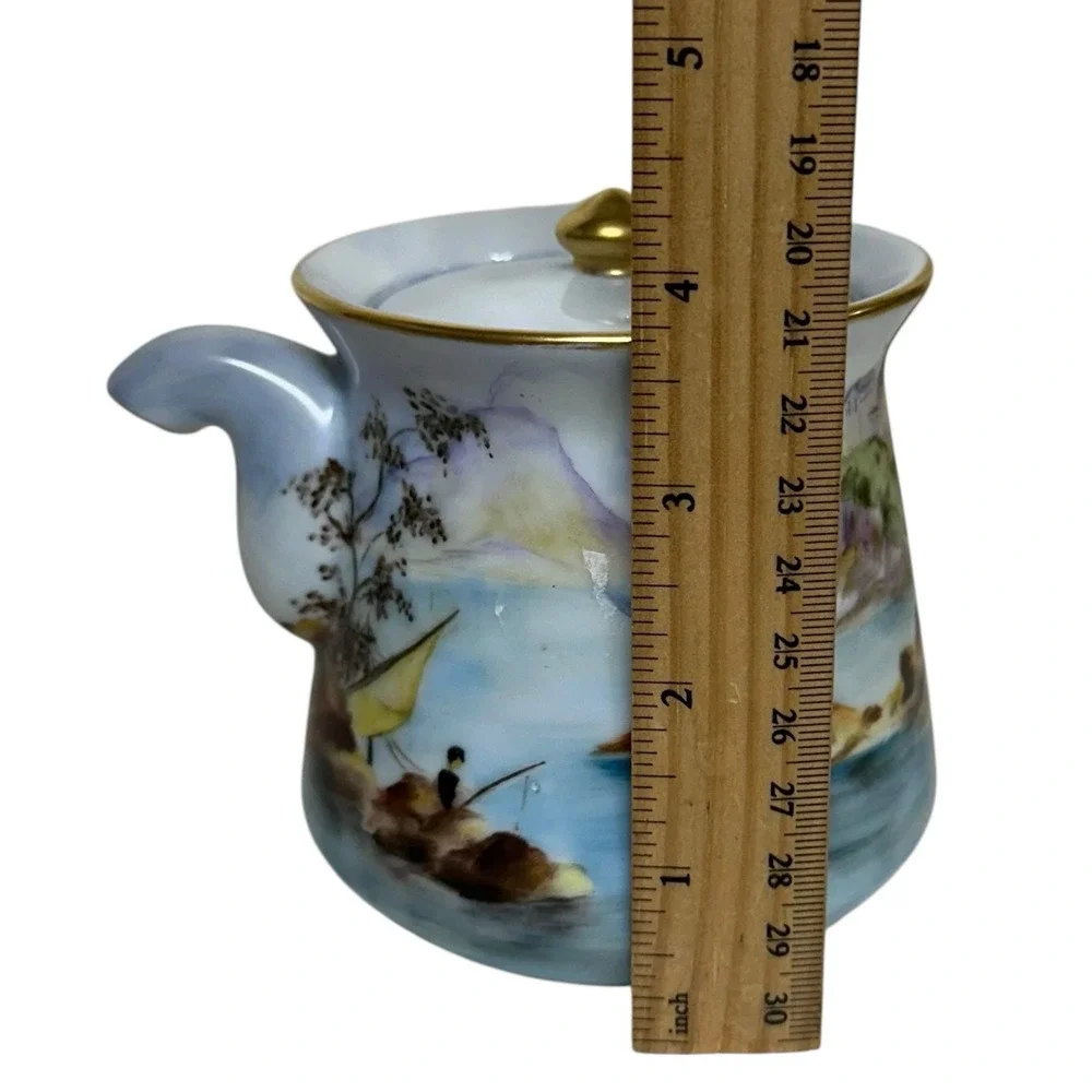 Kyusu‎ Japanese Teapot Hand Painted Signed Sansui Porcelain Fisherman Fuji VTG